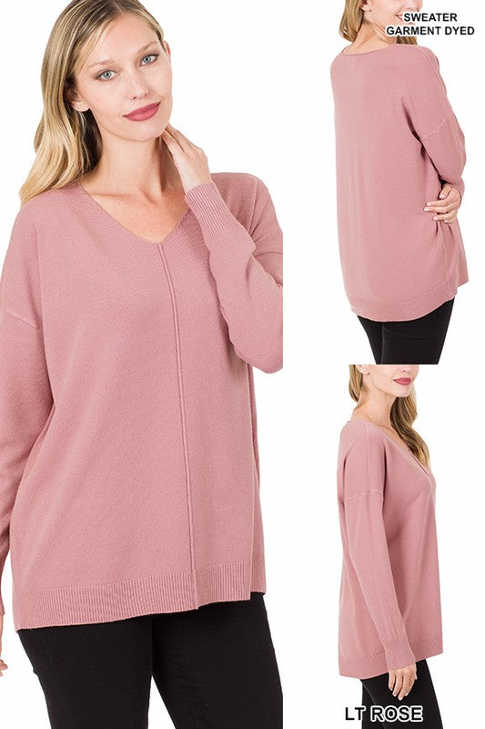 HI-LOW GARMENT DYED V-NECK FRONT SEAM SWEATER