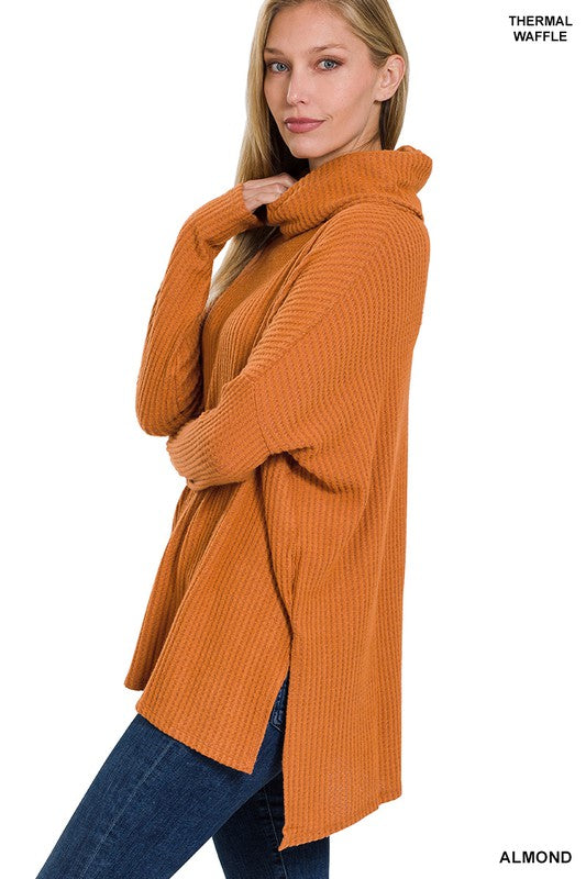 Brushed Thermal Waffle Cowl Neck Hi-Low Sweater