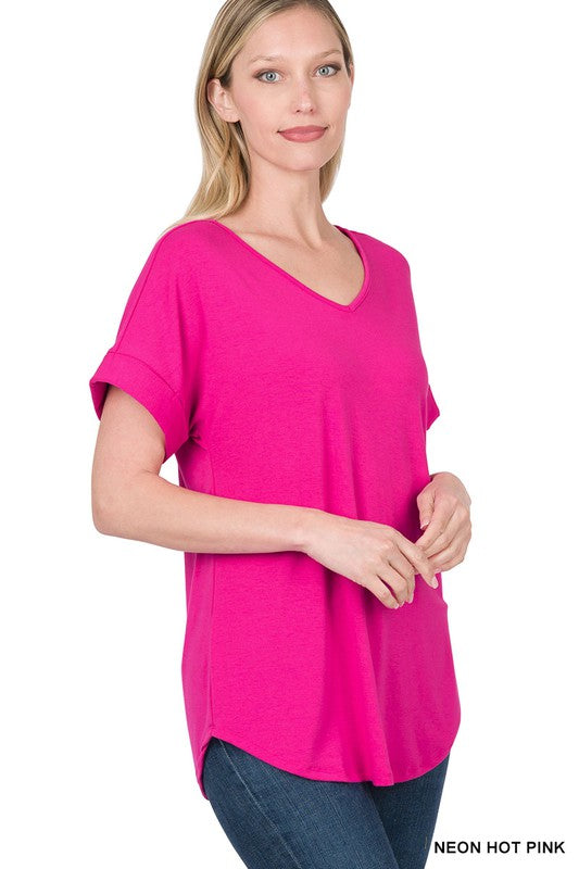 LUXE RAYON SHORT CUFF SLEEVE V-NECK ROUND HEM TOP