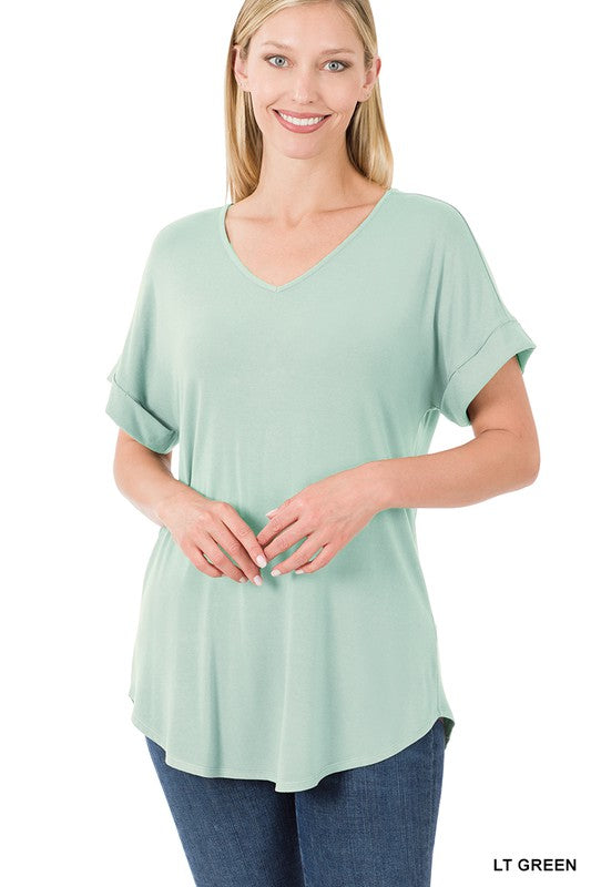 LUXE RAYON SHORT CUFF SLEEVE V-NECK ROUND HEM TOP