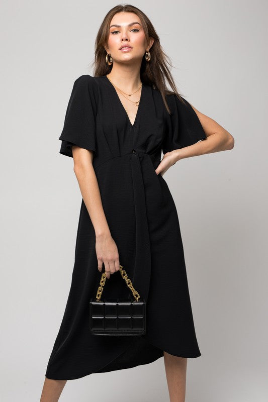 SOLID V-NECK MIDI DRESS W/ FRONT KNOT