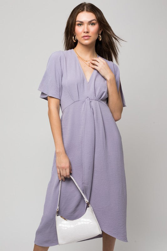SOLID V-NECK MIDI DRESS W/ FRONT KNOT