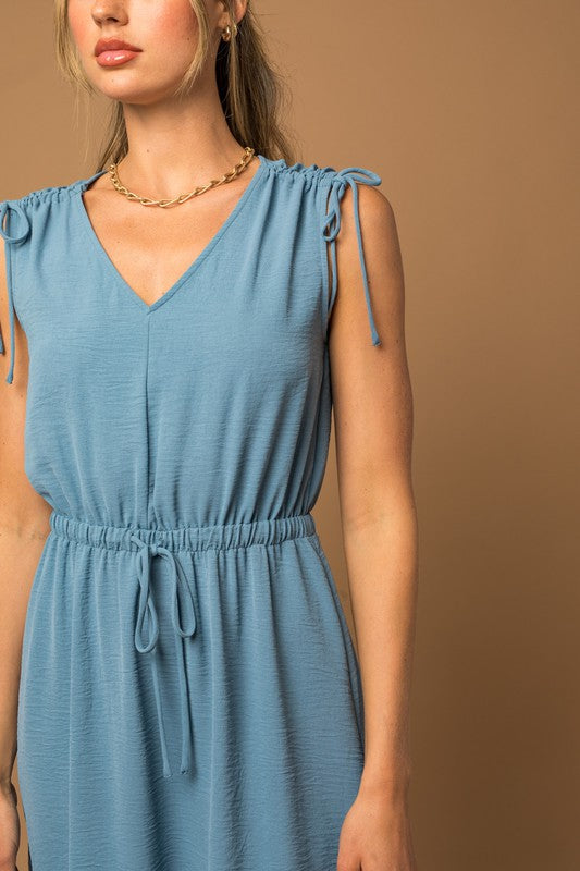 Sleeveless V-neck Shoulder Ruching Mini Dress