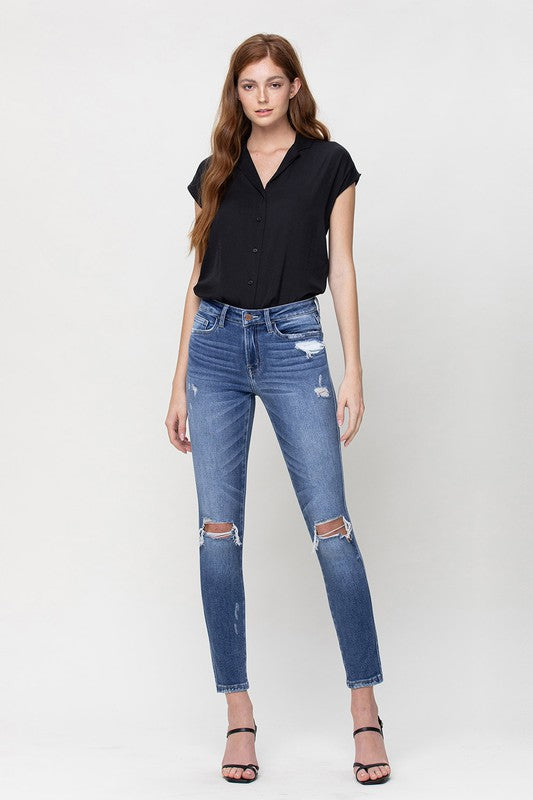 Distressed Mid Rise Ankle Skinny Jeans