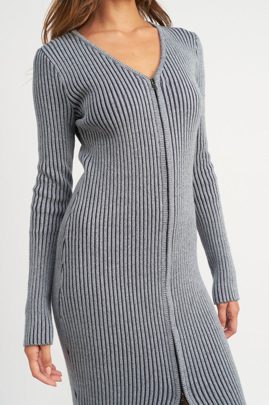 V-Neck Midi Dress w/ Two-Way Zipper