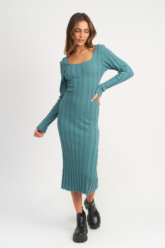 SQUARE NECK RIBBED MIDI DRESS