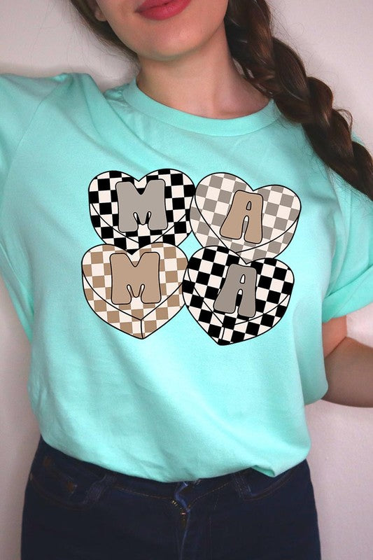 Mama Hearts Checker Graphic T Shirts