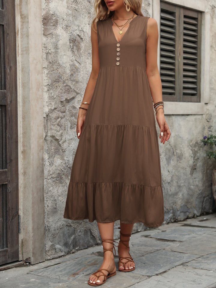 Decorative Button Notched Sleeveless Dress