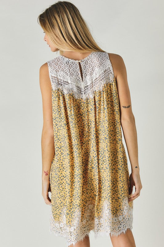 Printed Sleeveless Lace Trim Mini Dress