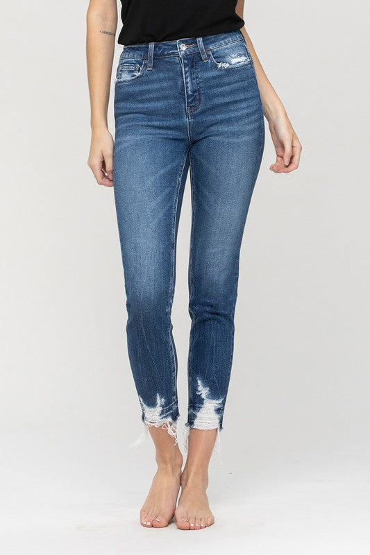 HIGH RISE RELEASED DISTRESSED HEM CROP SKINNY