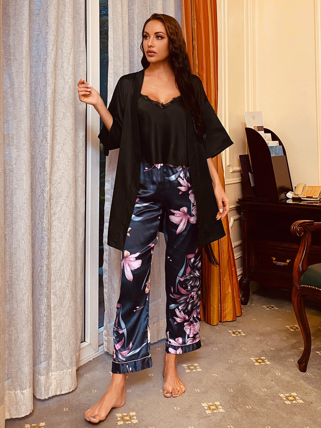 The Cozy Camisole, Robe, and Printed Pant Lounge Set