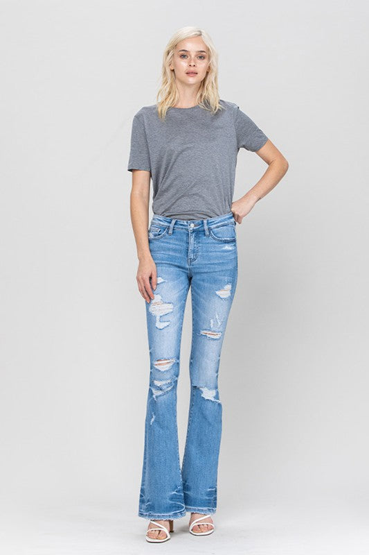 Distressed Mid Rise Flare Jeans
