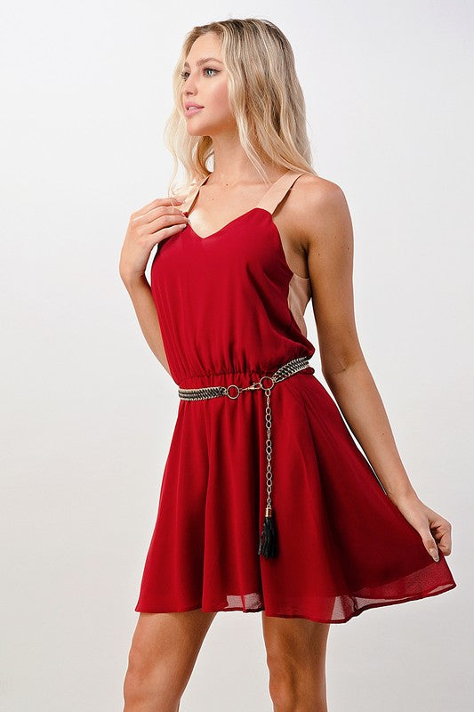 Wine Color Block Dress With Chain Belt