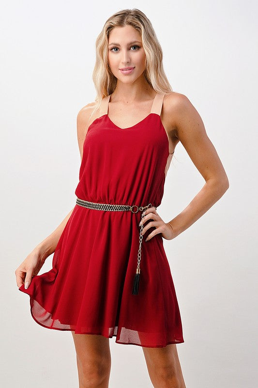 Wine Color Block Dress With Chain Belt