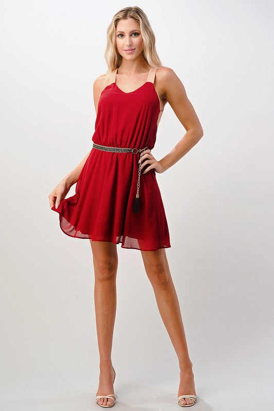 Wine Color Block Dress With Chain Belt