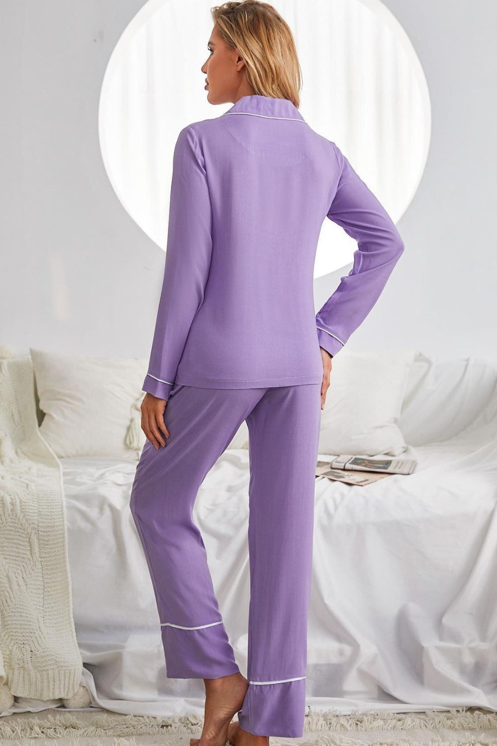 Contrast Lapel Pajama Set with Pocketed Pants